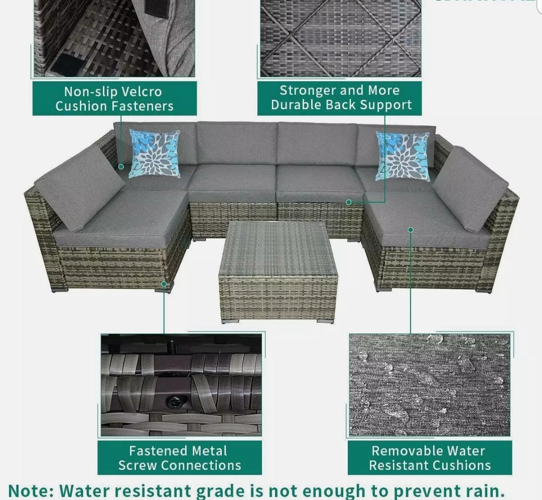 7pcs Outdoor Patio Sofa Gray Wicker / Gray