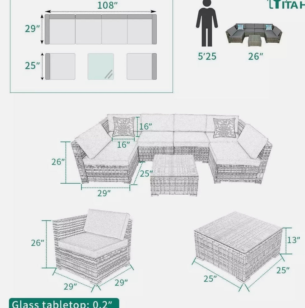 7pcs Outdoor Patio Sofa Gray Wicker / Gray