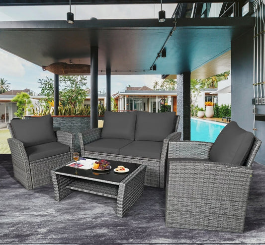 4PCS Patio Rattan Furniture Set Sofa Table W/ Shelf Gray Cushion