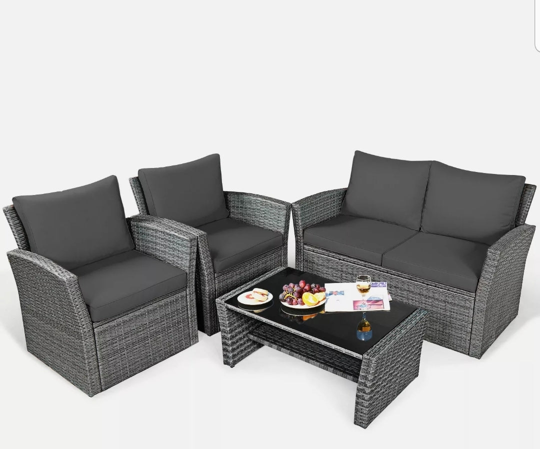 4PCS Patio Rattan Furniture Set Sofa Table W/ Shelf Gray Cushion