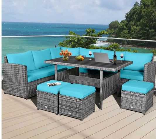 7PCS Rattan Patio Sectional Sofa Set Conversation Set w/ Turquoise Cushions