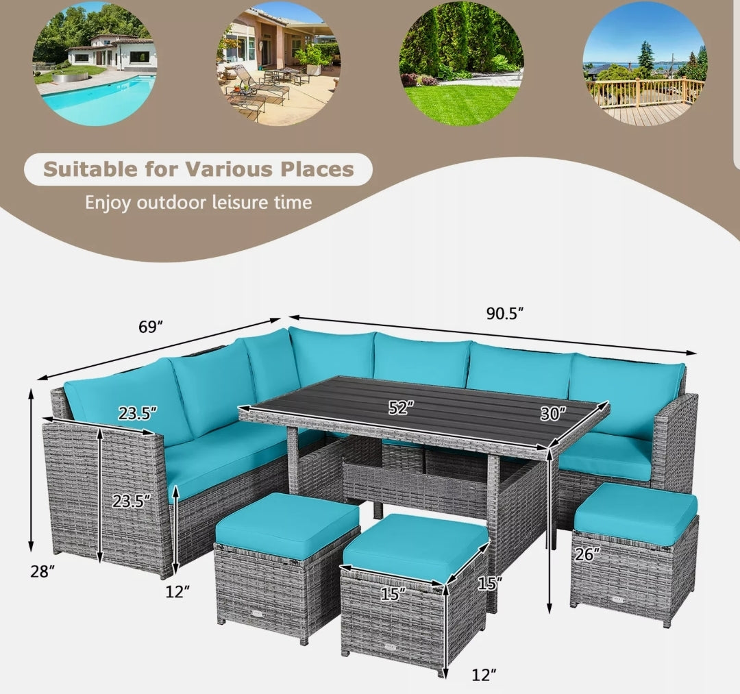 7PCS Rattan Patio Sectional Sofa Set Conversation Set w/ Turquoise Cushions