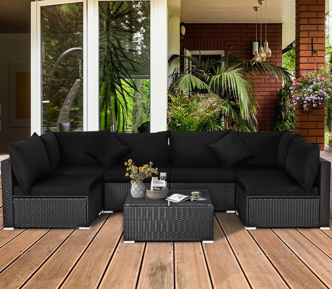 7PCS Rattan Patio Conversation Set Sectional Furniture Set w/ Black Cushion