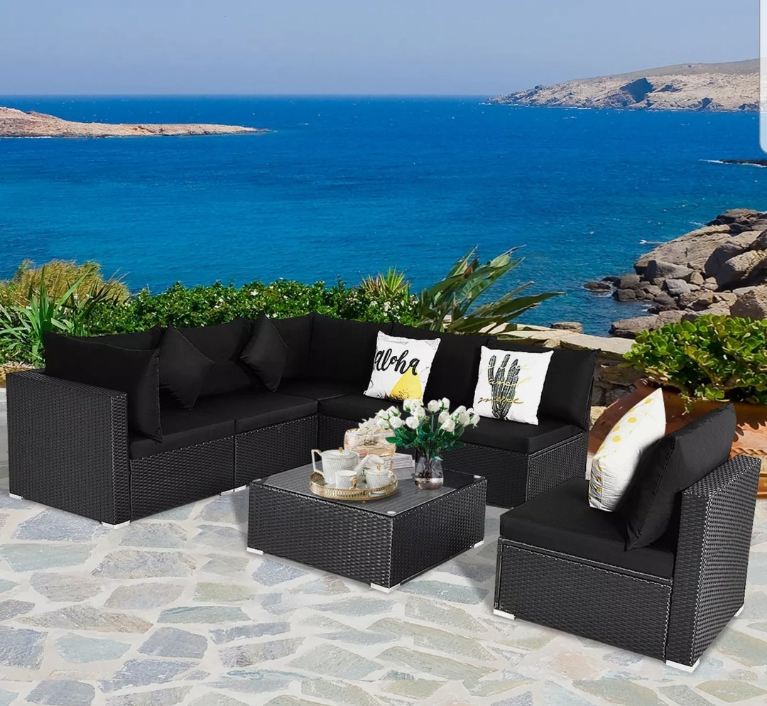 7PCS Rattan Patio Conversation Set Sectional Furniture Set w/ Black Cushion
