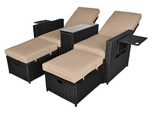 5PCS Outdoor Wicker Chaise Lounge Chair - Rattan Adjustable Reclining Patio Lounge Chair with Ottoman and Coffee Table, for Patio Beach Pool Backyard (Black Wicker Khaki Cushion