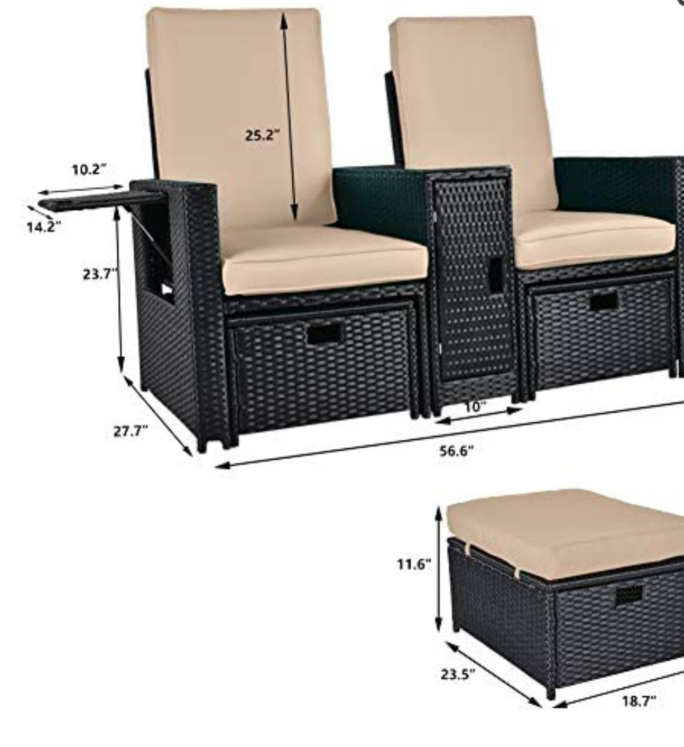 5PCS Outdoor Wicker Chaise Lounge Chair - Rattan Adjustable Reclining Patio Lounge Chair with Ottoman and Coffee Table, for Patio Beach Pool Backyard (Black Wicker Khaki Cushion