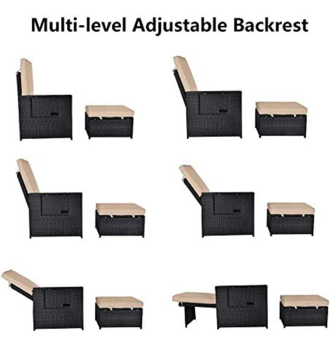 5PCS Outdoor Wicker Chaise Lounge Chair - Rattan Adjustable Reclining Patio Lounge Chair with Ottoman and Coffee Table, for Patio Beach Pool Backyard (Black Wicker Khaki Cushion