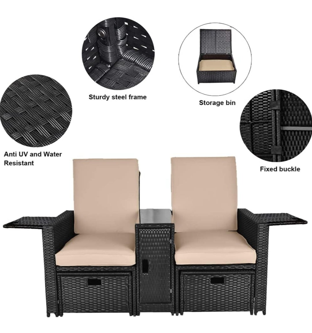 5PCS Outdoor Wicker Chaise Lounge Chair - Rattan Adjustable Reclining Patio Lounge Chair with Ottoman and Coffee Table, for Patio Beach Pool Backyard (Black Wicker Khaki Cushion