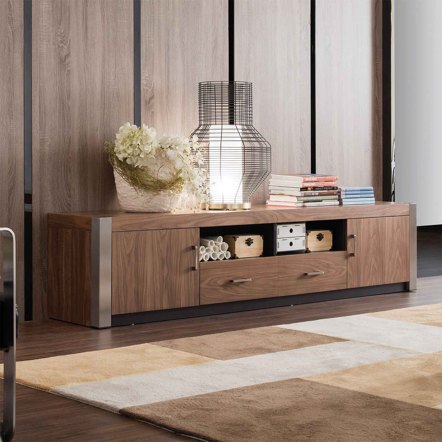 79” TV Stand/Console, High Gloss MDF, Clear Tempered Glass Shelves, Modern Living Room Walnut TV Stand/Console, High Gloss MDF, 2 Doors, 2 Drawers, Chrome Corners, Modern Living Room  TV 2199Wal