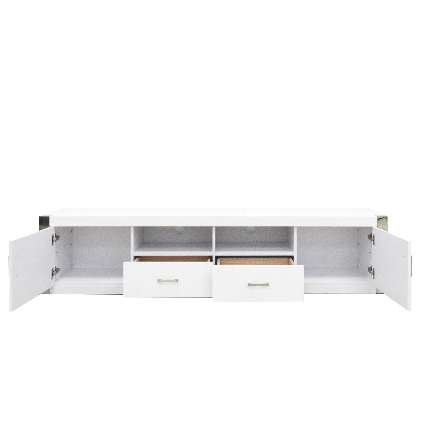 79" TV 2199 WT White TV Stand/Console, High Gloss MDF, 2 Doors, 2 Drawers, Chrome Corners, Modern Living Room