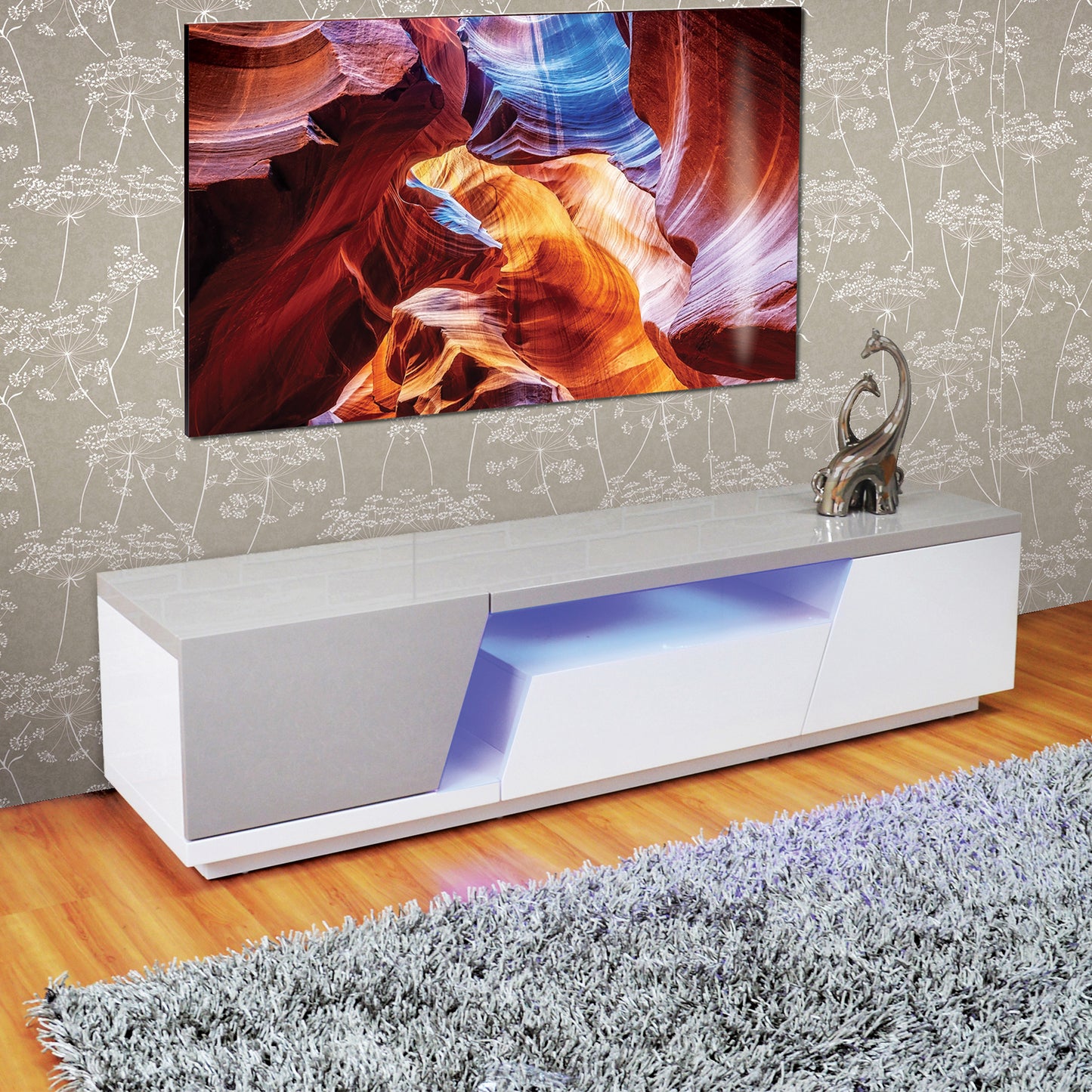 71" White & Grey TV Stand/Console, High Gloss MDF, 2 Doors, 1 Drawer, Blue LED Light, Modern Living Room TV 912