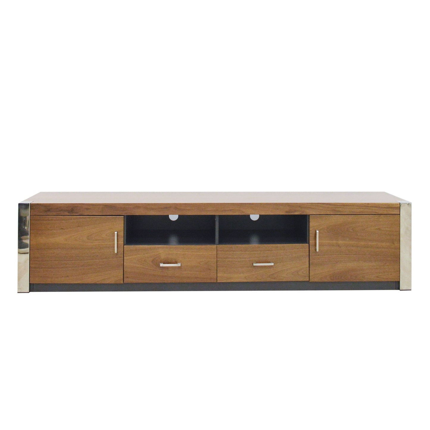 79” TV Stand/Console, High Gloss MDF, Clear Tempered Glass Shelves, Modern Living Room Walnut TV Stand/Console, High Gloss MDF, 2 Doors, 2 Drawers, Chrome Corners, Modern Living Room  TV 2199Wal