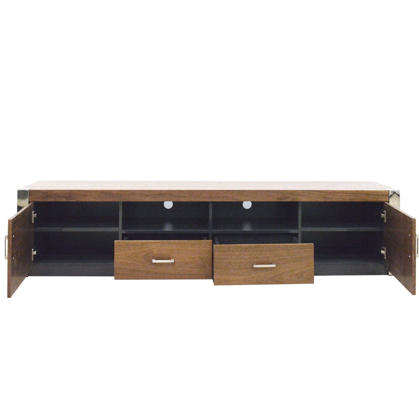 79” TV Stand/Console, High Gloss MDF, Clear Tempered Glass Shelves, Modern Living Room Walnut TV Stand/Console, High Gloss MDF, 2 Doors, 2 Drawers, Chrome Corners, Modern Living Room  TV 2199Wal