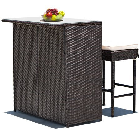 3-Piece Brown Patio Rattan Wicker Bar Table Stools Dining Set with Beige Cushions