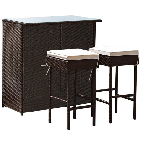 3-Piece Brown Patio Rattan Wicker Bar Table Stools Dining Set with Beige Cushions