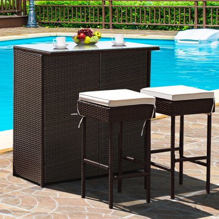 3-Piece Brown Patio Rattan Wicker Bar Table Stools Dining Set with Beige Cushions