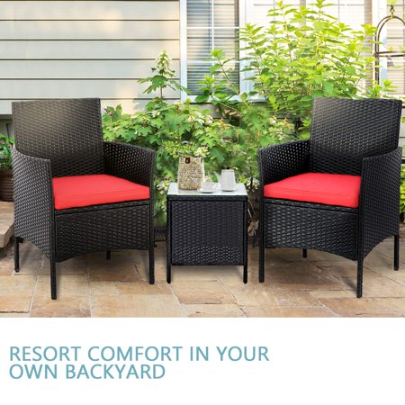 3-Piece Patio Outdoor Bistro Furniture Set, All-Weather Black Wicker Chairs and Glass Side Table, Red Cushion
