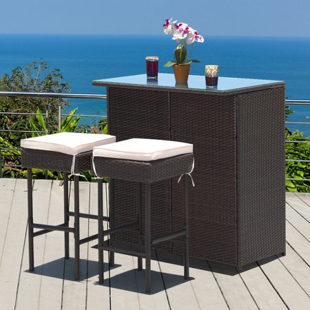 3-Piece Brown Patio Rattan Wicker Bar Table Stools Dining Set with Beige Cushions