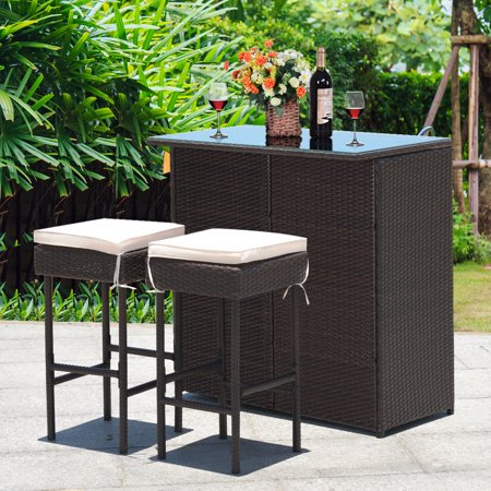 3-Piece Brown Patio Rattan Wicker Bar Table Stools Dining Set with Beige Cushions