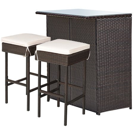 3-Piece Brown Patio Rattan Wicker Bar Table Stools Dining Set with Beige Cushions