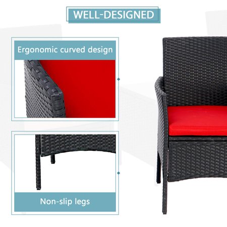 3-Piece Patio Outdoor Bistro Furniture Set, All-Weather Black Wicker Chairs and Glass Side Table, Red Cushion