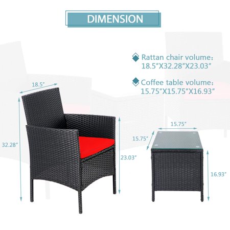 3-Piece Patio Outdoor Bistro Furniture Set, All-Weather Black Wicker Chairs and Glass Side Table, Red Cushion