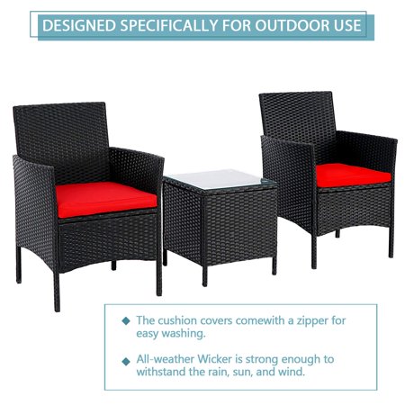 3-Piece Patio Outdoor Bistro Furniture Set, All-Weather Black Wicker Chairs and Glass Side Table, Red Cushion