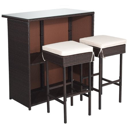 3-Piece Brown Patio Rattan Wicker Bar Table Stools Dining Set with Beige Cushions