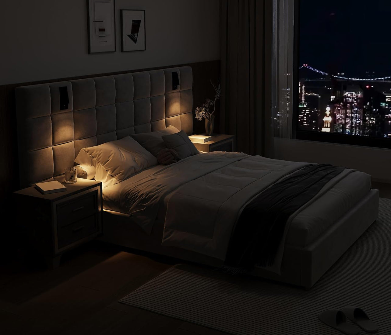 Queen Platform Bed Frame with Headboard, Elegant Velvet Upholstered Bed with Grid Pattern Padded Headboard, 2 LED Wall Sconces & USB Ports