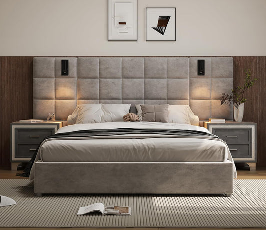 Queen Platform Bed Frame with Headboard, Elegant Velvet Upholstered Bed with Grid Pattern Padded Headboard, 2 LED Wall Sconces & USB Ports