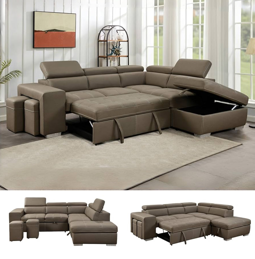 104'' Microfiber L Shaped Sectional Sleeper Sofa Couch with Pull Out Bed and Storage Ottoman