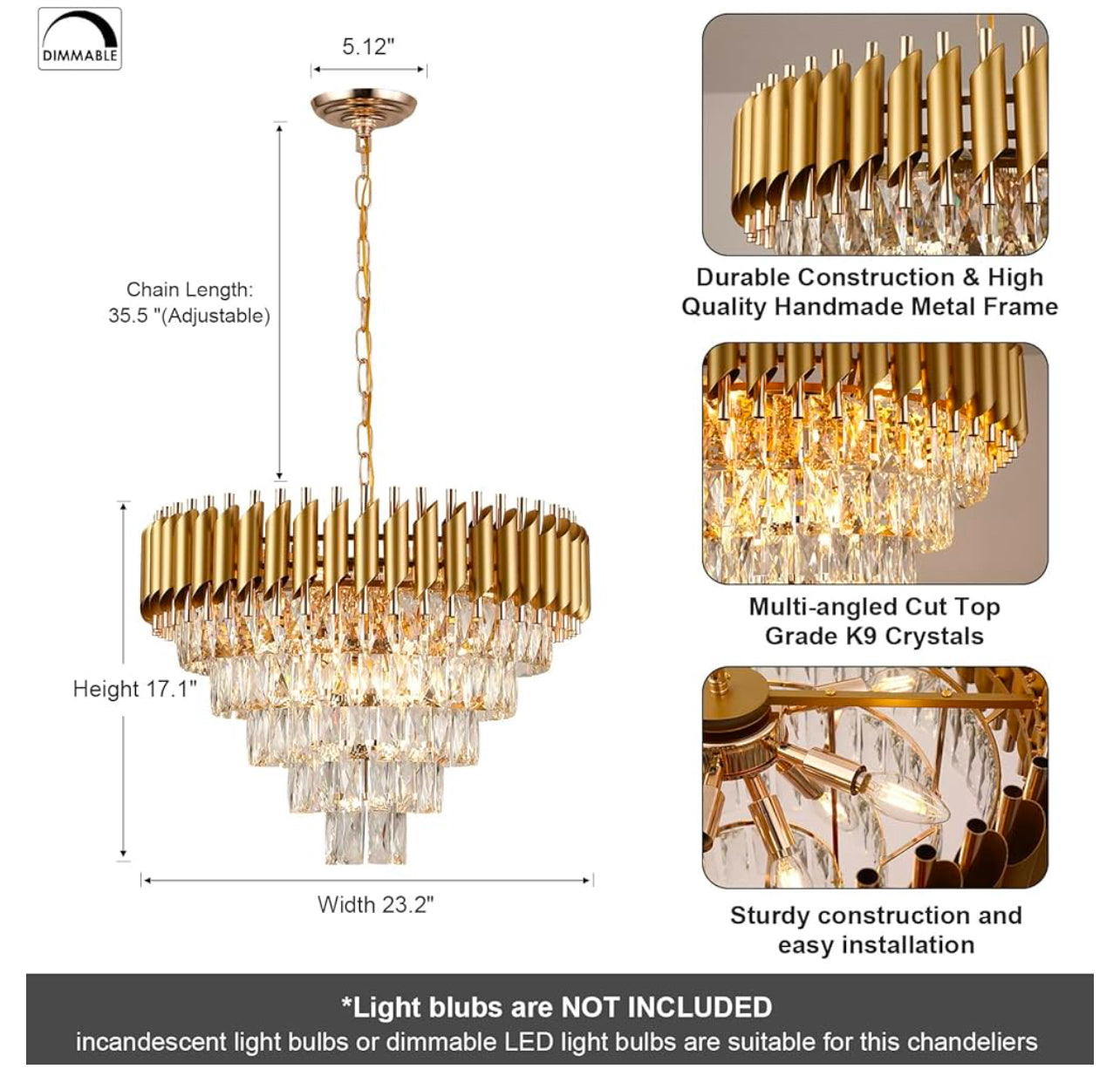 Modern Crystal Chandelier Gold, 24" Round Chandeliers for Dining Room K9 5