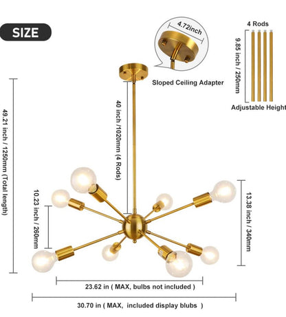 Gold Sputnik Light Fixture, 8 Lights Plating Golden Chandelier