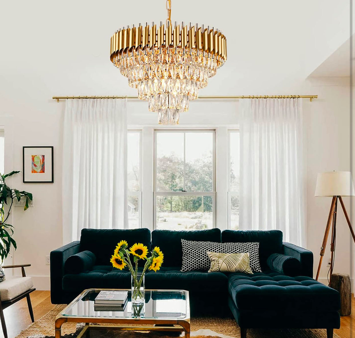 Modern Crystal Chandelier Gold, 24" Round Chandeliers for Dining Room K9 5