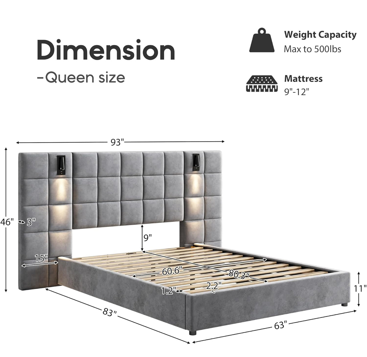 Queen Platform Bed Frame with Headboard, Elegant Velvet Upholstered Bed with Grid Pattern Padded Headboard, 2 LED Wall Sconces & USB Ports