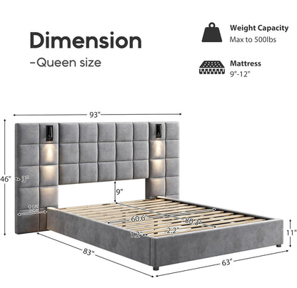 Queen Platform Bed Frame with Headboard, Elegant Velvet Upholstered Bed with Grid Pattern Padded Headboard, 2 LED Wall Sconces & USB Ports