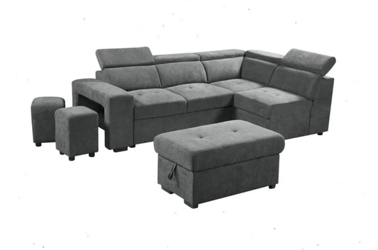 Henry Light Gray Sleeper Sectional w/ Storage and Stools