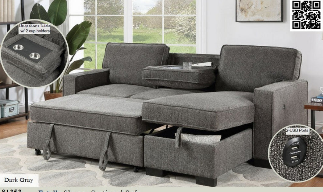 81353
DarkGrey Sleeper Sectional, Storage Chaise, USB, Drop Consol