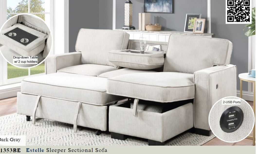 81353BE
Beige Sleeper Sectional, Storage Chaise, USB, Drop Console