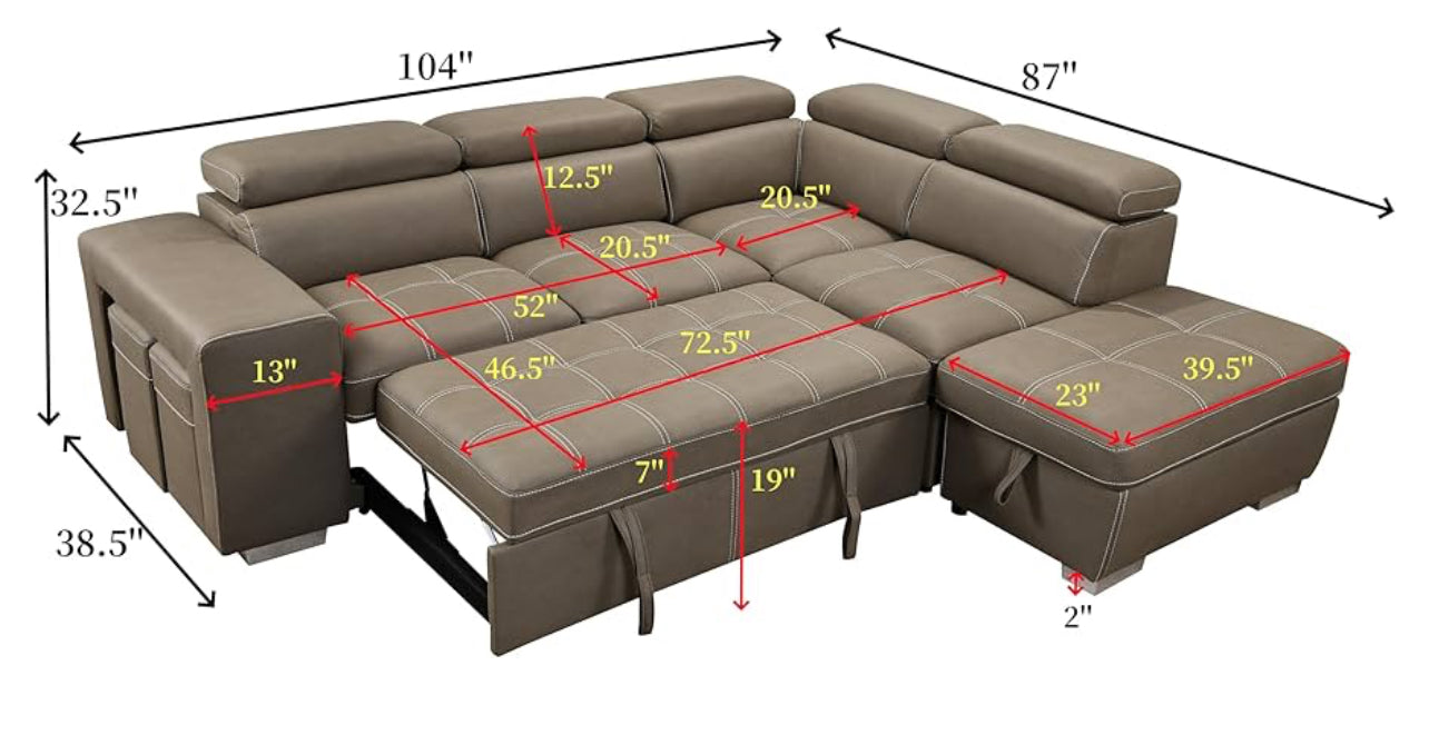 104'' Microfiber L Shaped Sectional Sleeper Sofa Couch with Pull Out Bed and Storage Ottoman