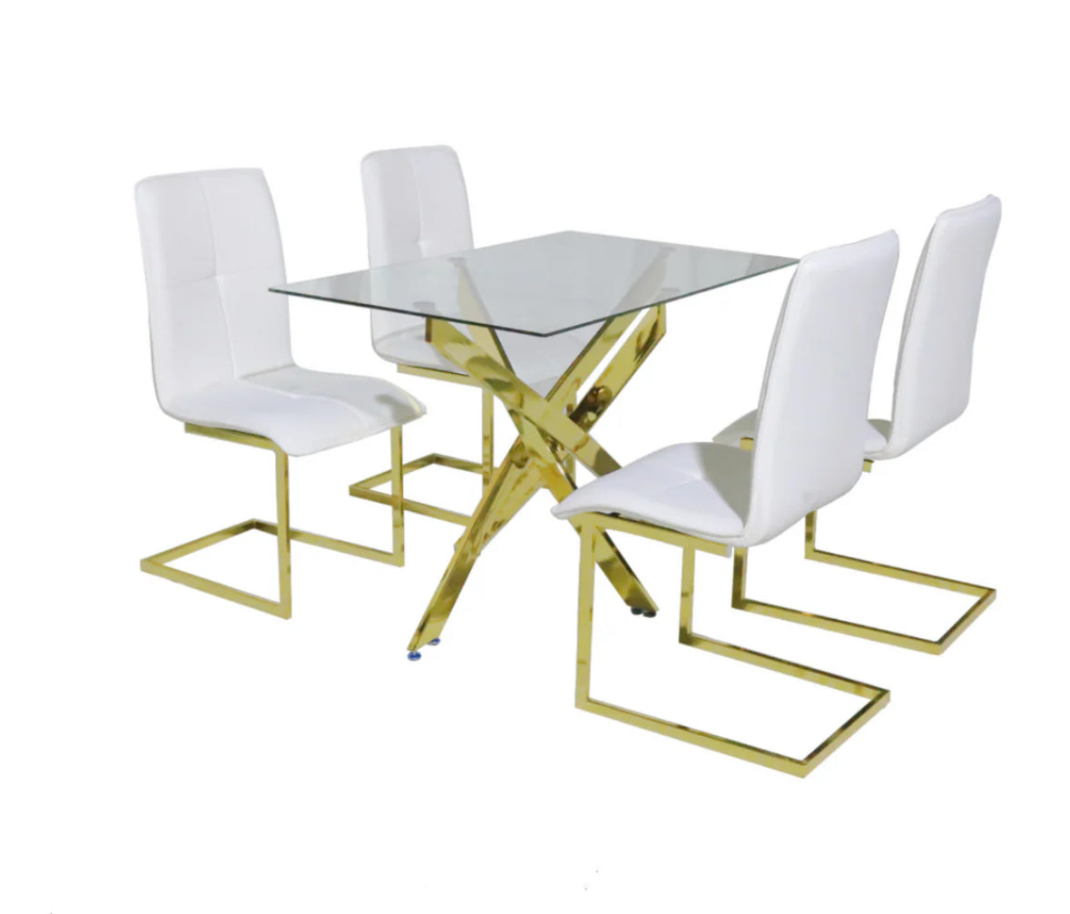 Donatella - Dining Table 5-piece Glass Gold set ( Black or White Chairs)