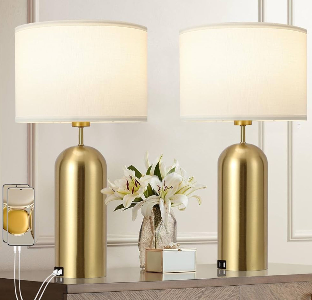 Gold Lamps Set of 2 Touch Control 3-Way Dimmable Bedside Nightstand Lamps Bedroom Lamps Modern White& Gold Table Lamp with USB Type C Ports