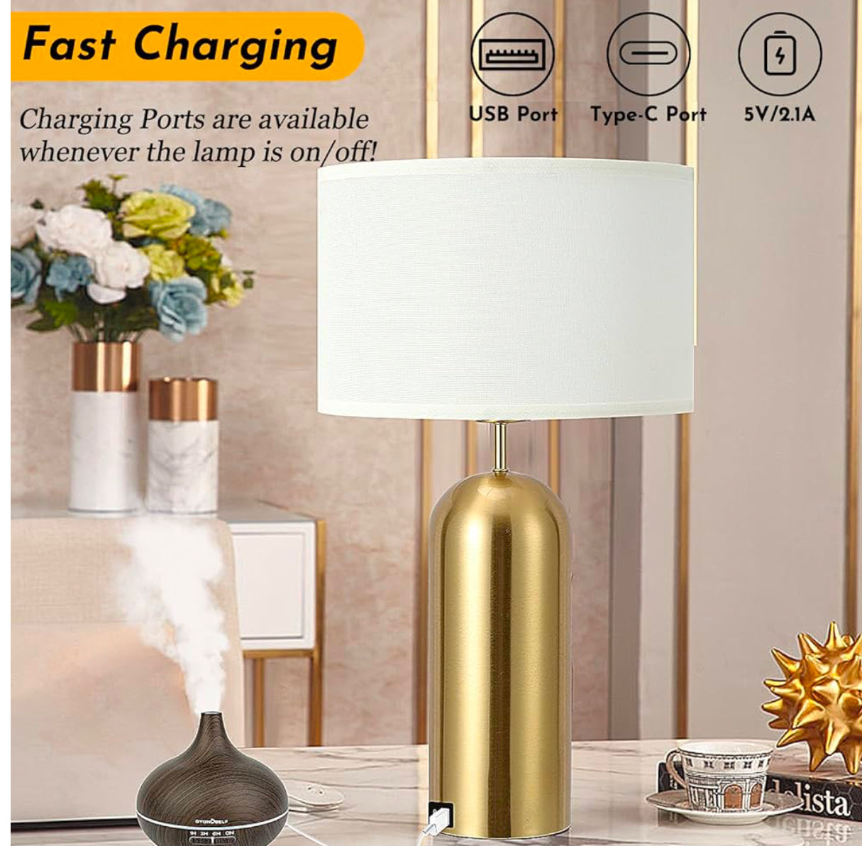 Gold Lamps Set of 2 Touch Control 3-Way Dimmable Bedside Nightstand Lamps Bedroom Lamps Modern White& Gold Table Lamp with USB Type C Ports