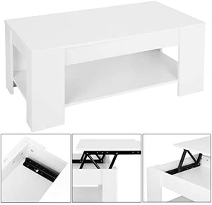 Coffee Table with Lift Top Hidden Compartment and Storage Shelves (White,Brown)