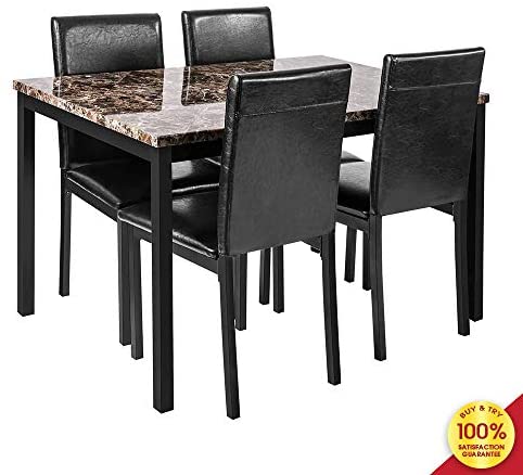 5 Pieces Dining Table Set, Elegant Faux Marble Desk and 4 Upholstered PU Leather Chairs
