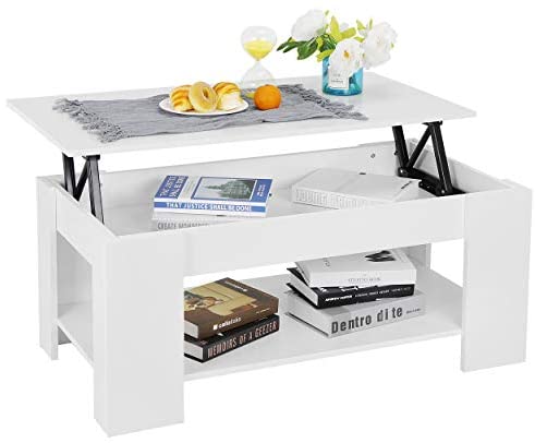 Coffee Table with Lift Top Hidden Compartment and Storage Shelves (White,Brown)