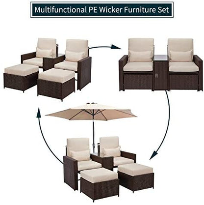 5 Piece Outdoor Furniture Sets PE Wicker Rattan Chaise Lounge