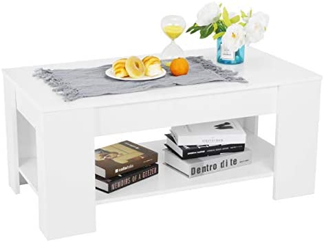Coffee Table with Lift Top Hidden Compartment and Storage Shelves (White,Brown)