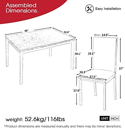 5 Pieces Dining Table Set, Elegant Faux Marble Desk and 4 Upholstered PU Leather Chairs