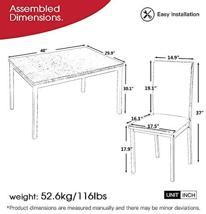 5 Pieces Dining Table Set, Elegant Faux Marble Desk and 4 Upholstered PU Leather Chairs